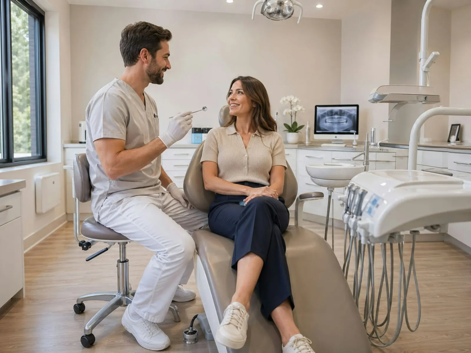 A dentist talking with a patient in a bright, modern operatory