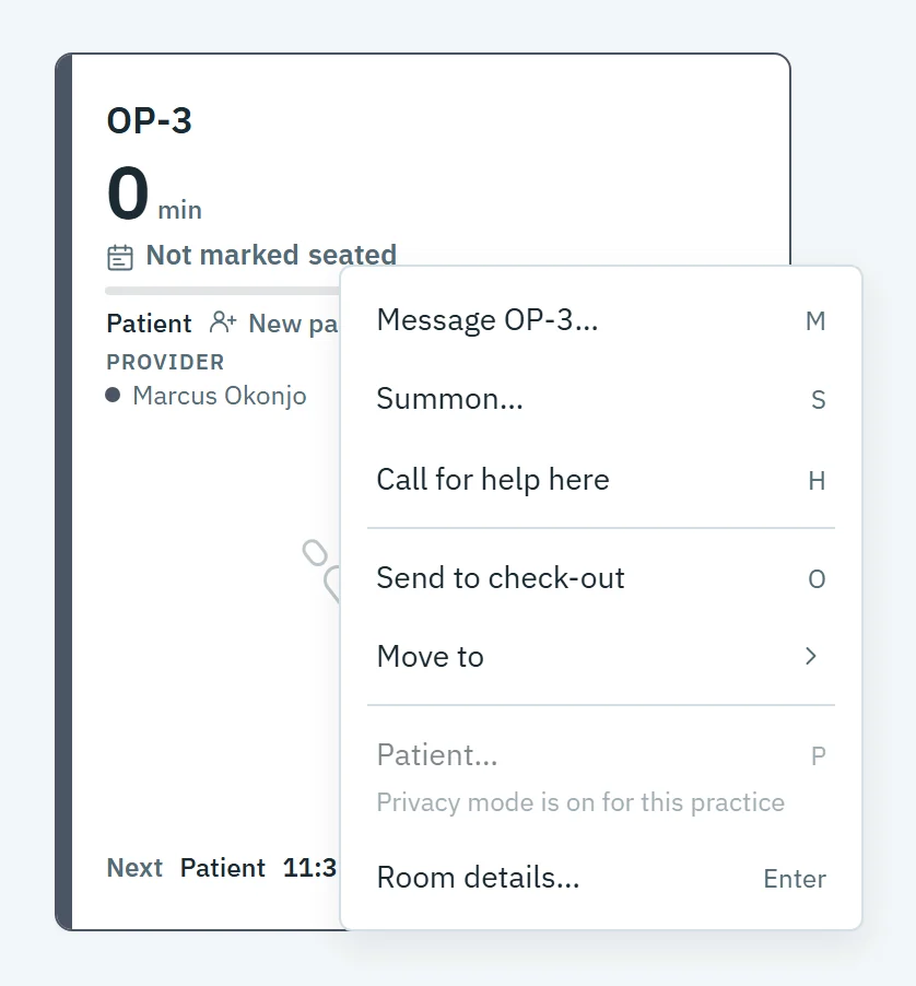 A room's right-click menu: Message, Summon, Call for help, Send to check-out, Move to