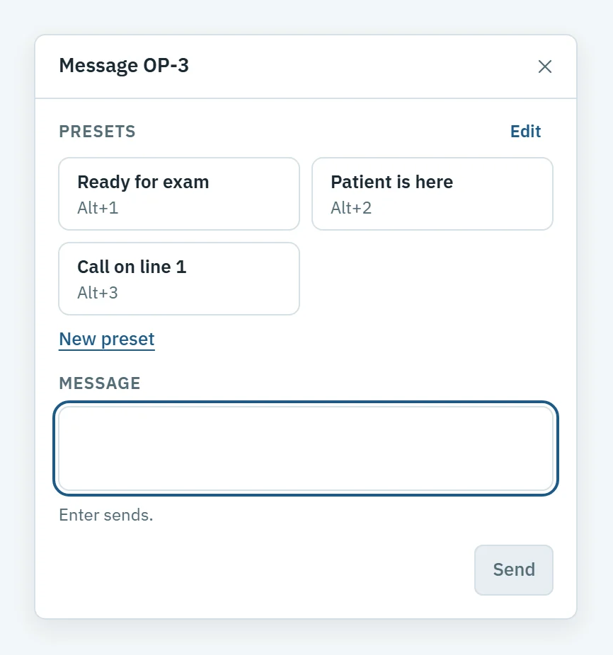 The message window for OP-3, with presets Ready for exam, Patient is here and Call on line 1